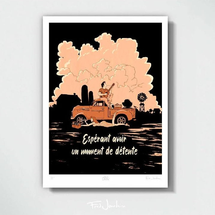 Printed poster "Pépé sur la route" (SEPIA) - Pépé et sa guitare