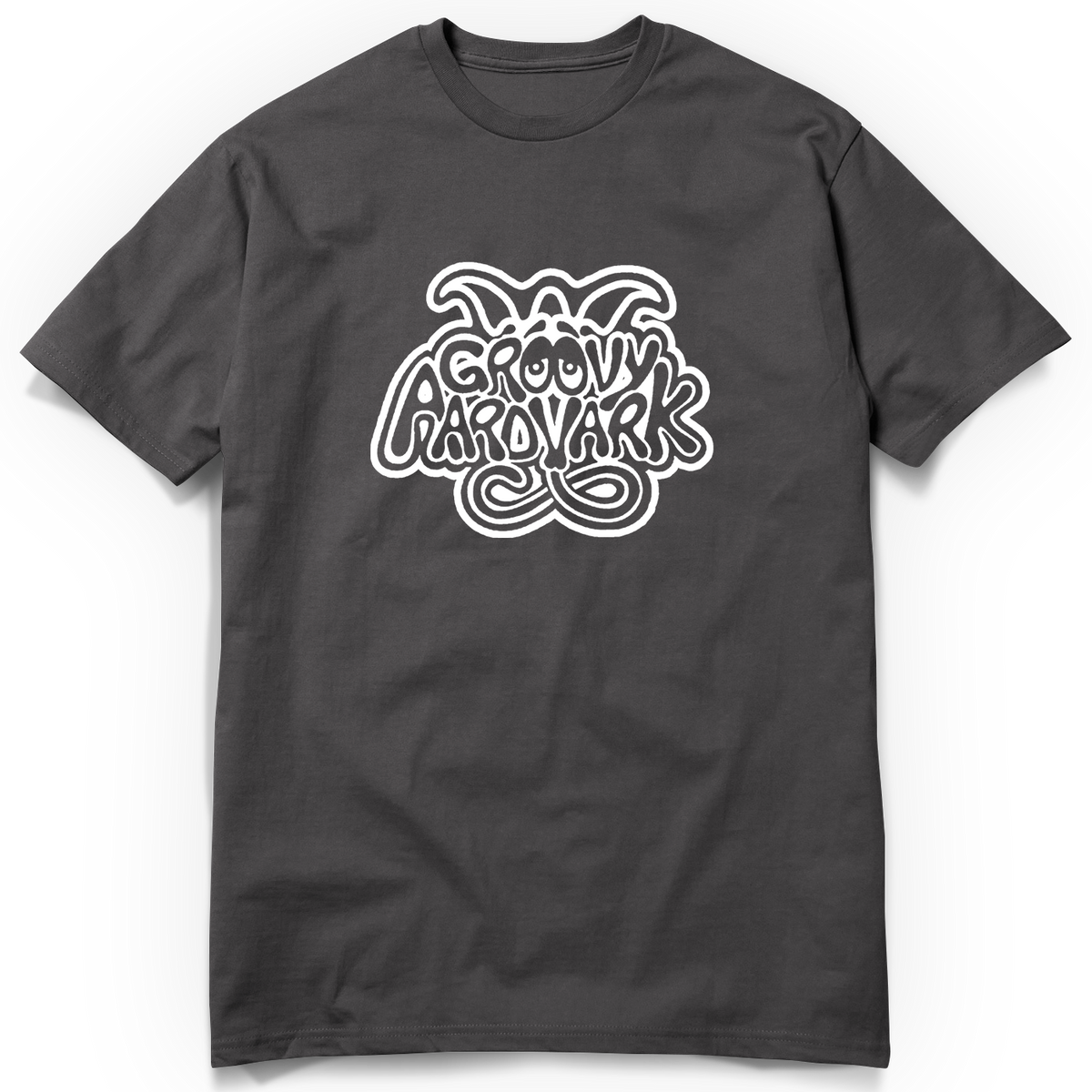 t-shirt charcoal logo BLANC groovy aardvark_mock up