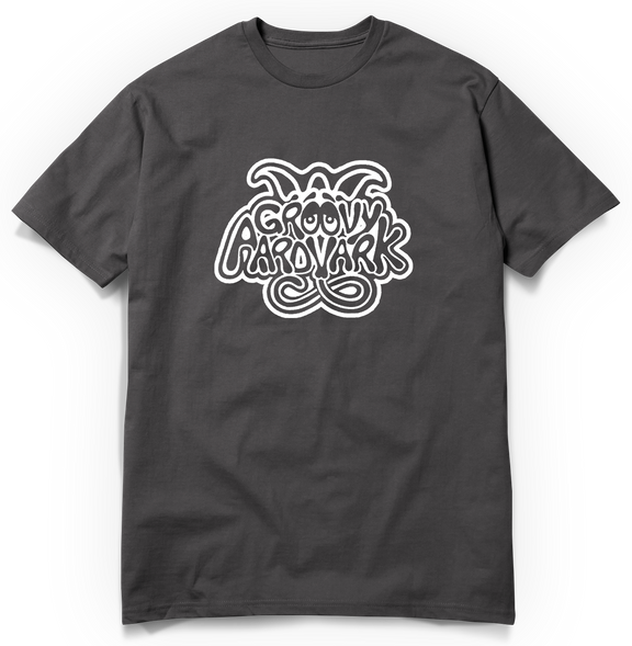 t-shirt charcoal logo BLANC groovy aardvark_mock up