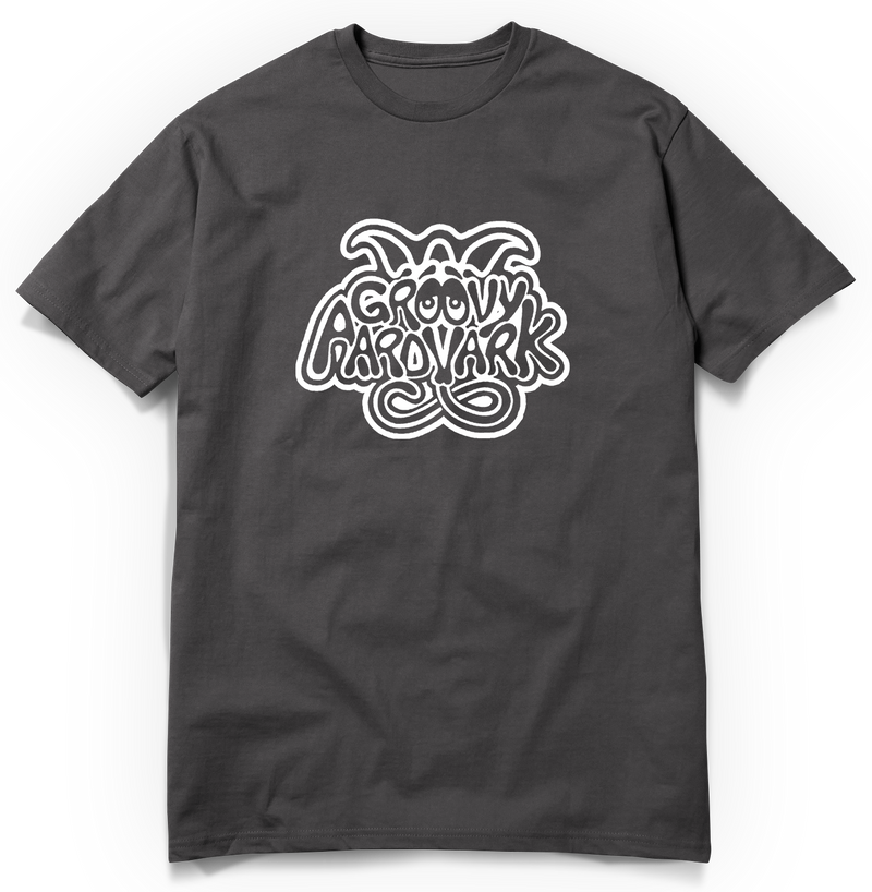 t-shirt charcoal logo BLANC groovy aardvark_mock up